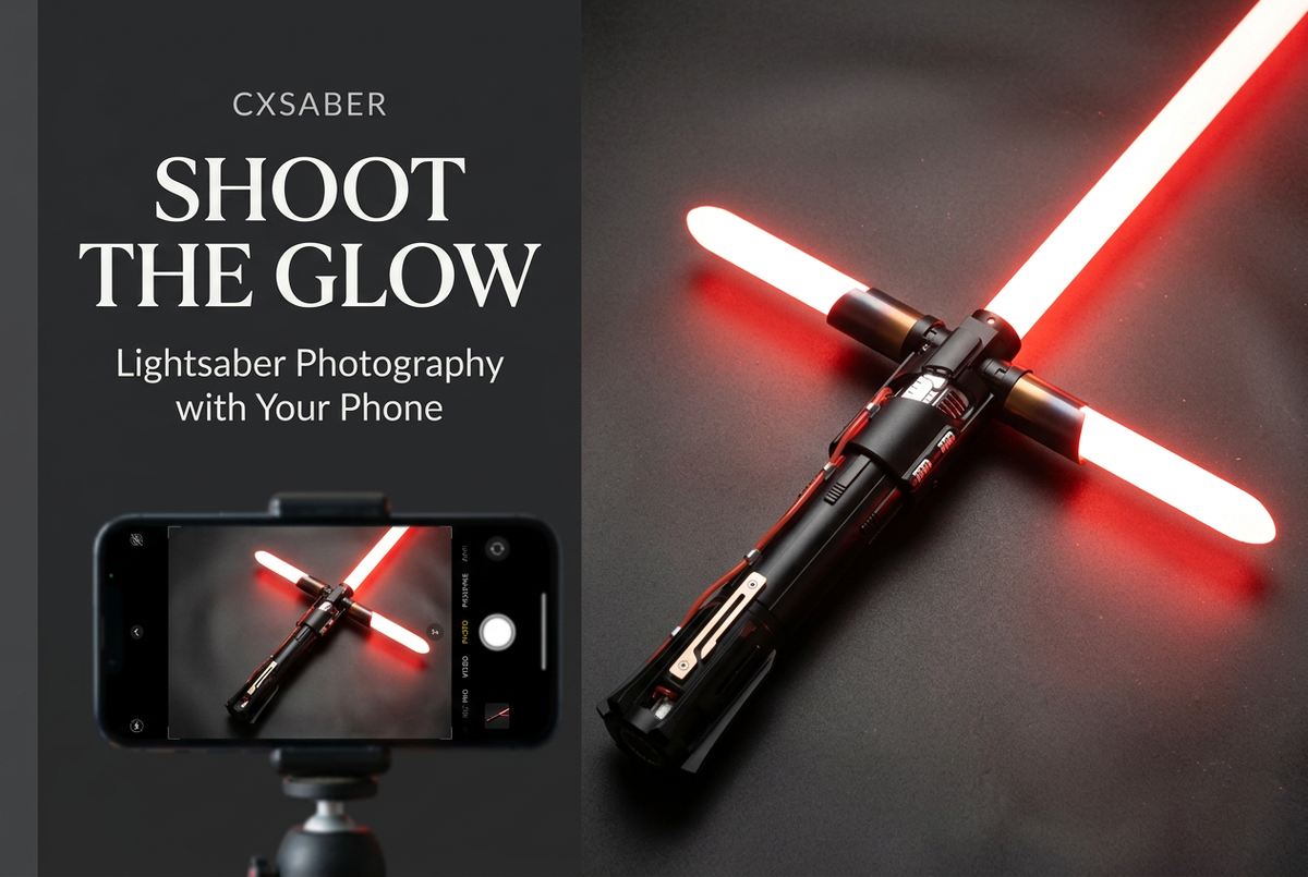 AI-created CXSABER Ravencross poster illustrating lightsaber photography with a smartphone.